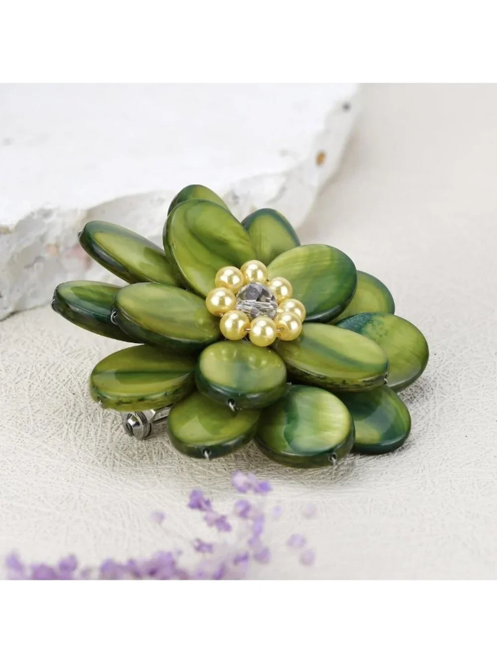 Lime Green Floral Mother of Pearl Brooch Pin | Handmade Women's Accessories